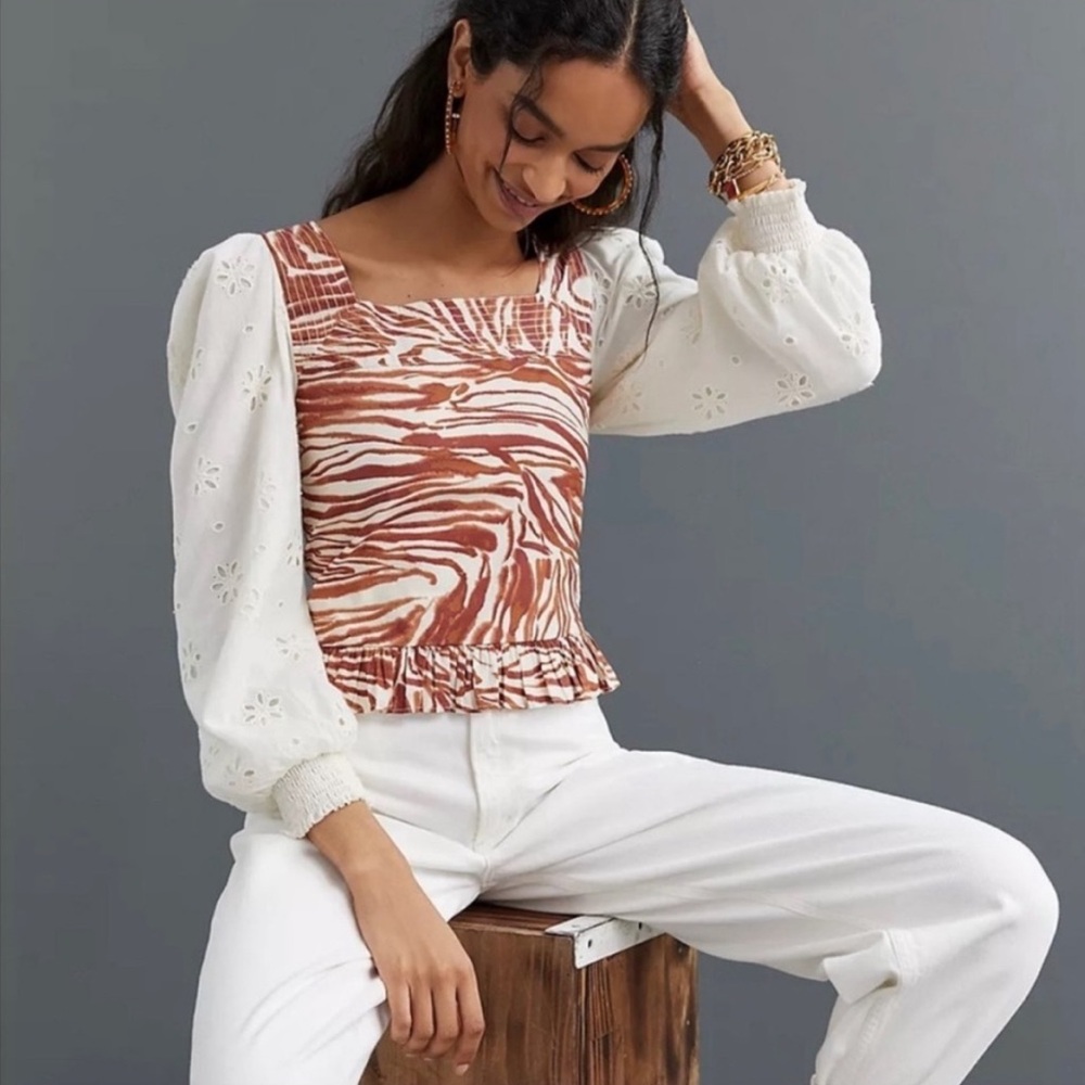 Anthropologie Love The Label Women Smocked Puff-Sleeve Blouse Size S Mixed Print - Picture 12 of 15